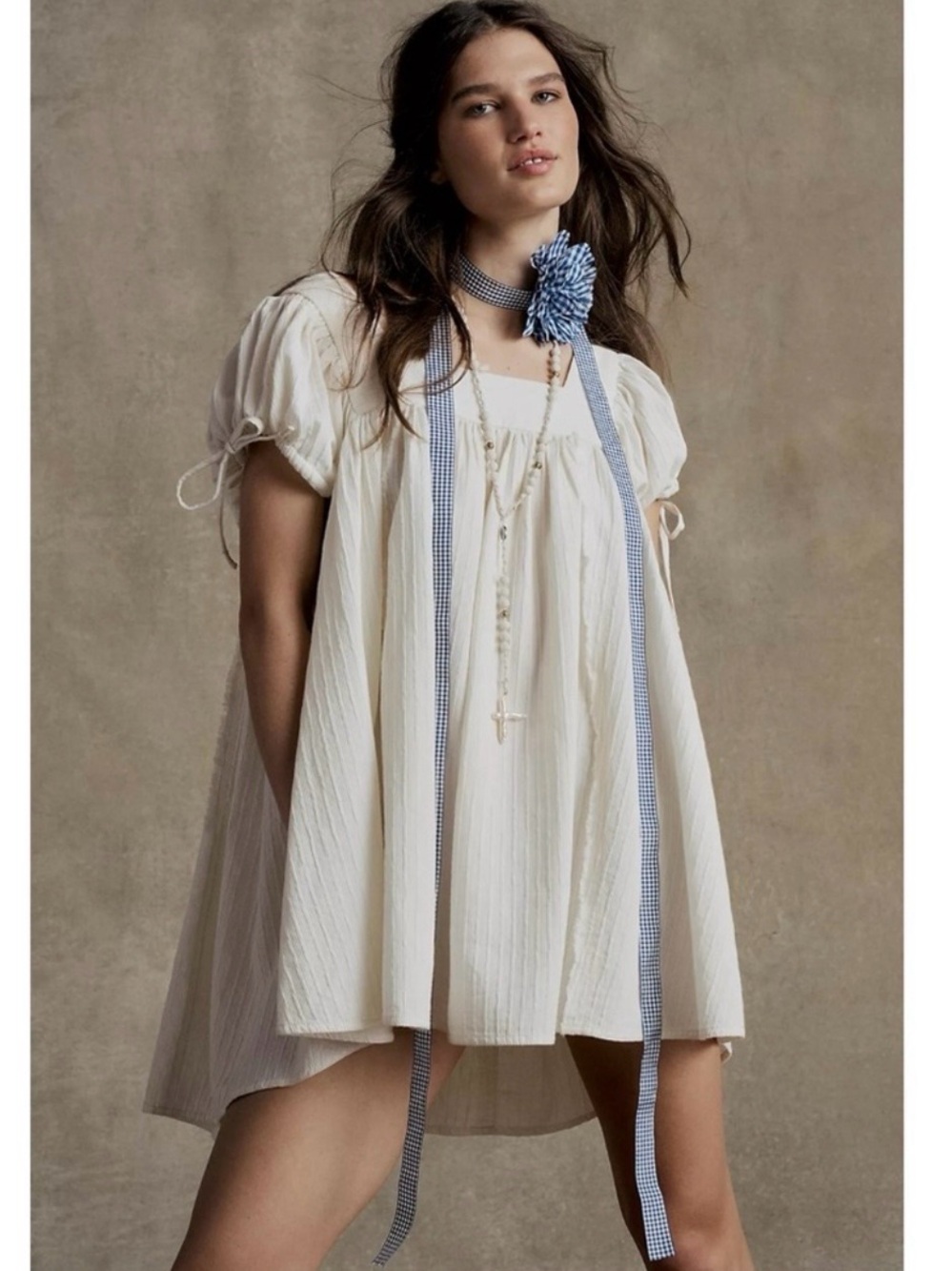 Free People Spring Summer Picnic Flower Necklace in Blue Gingham Country Dainty